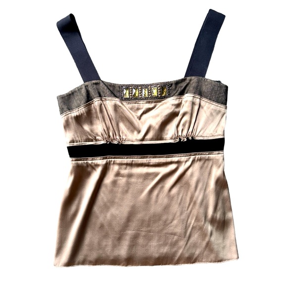 Ellie Tahari Silk Embellished Champagne/ Gold Color Top W/ Black Velvet & Lace M - Picture 1 of 15